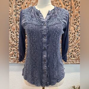 Solitaire Steel Blue Bohemian Embroidered Rayon Button Down Shirt, 3/4 Sleeves